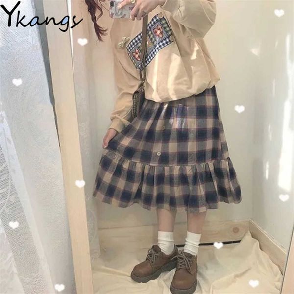 

vintage japanese harajuku loose women midi pleated skirt high waist plaid female saias korean ulzzang streetwear long skirts 210619, Black