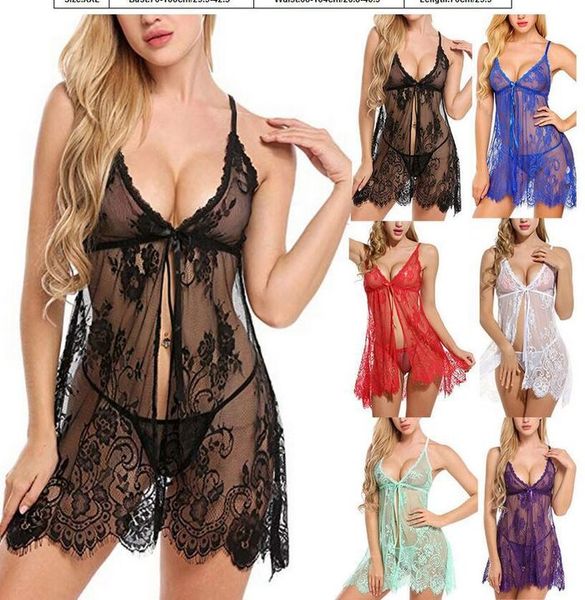 Moda Kadınlar Sexy Lingerie Dantel Elbise Iç Çamaşırı Babydoll Pijama + G-string Artı Boyutu S-3XL 2020 Yeni