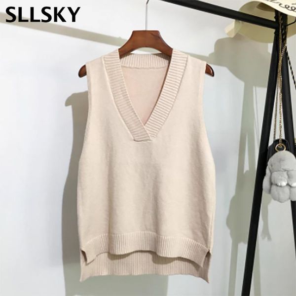 

sllsky knitted vest women's sweater autumn and winter new v-neck solid color korean loose wild sweater vest sleeveless, Black;white