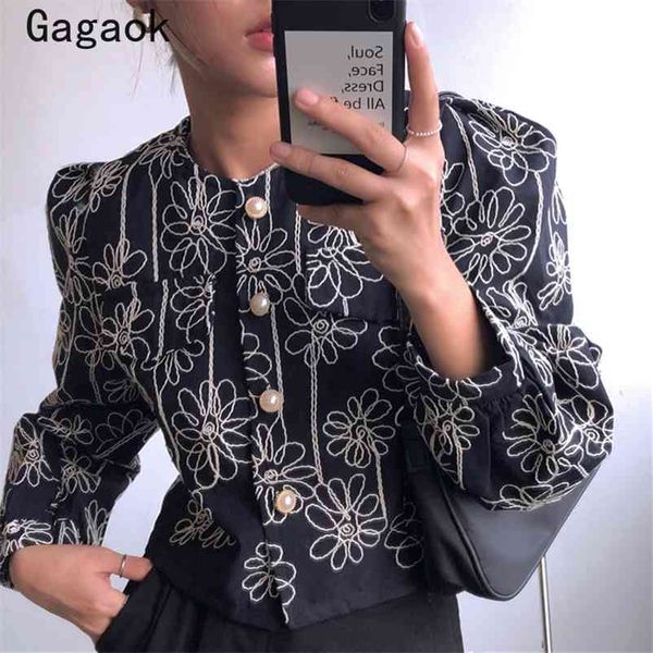 

korea chic blouse autumn french round neck heavy industry embroidery flowers blouses button design puff sleeve shirts 210531, White