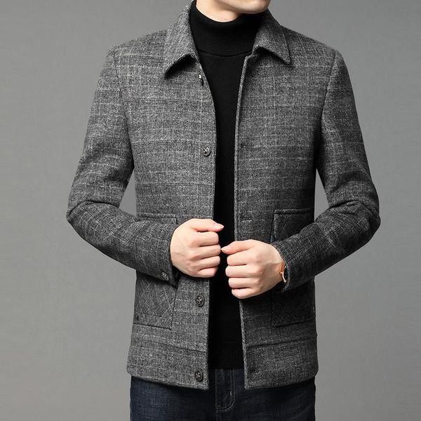 

autumn and winter double-sided ni coat men's woollen overcoat middle-aged men's short casual plaid jacket, Black