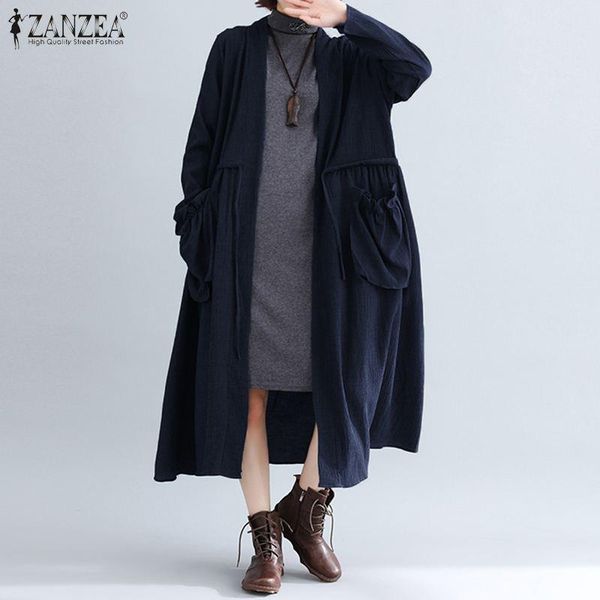 

zanzea 2021 autumn women coats vintage ladies midi outwears casual solid long sleeve pockets drawstring cardigant oversize 5xl, Black;brown