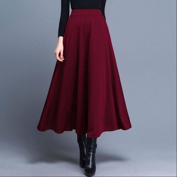

new high waist pleated elegant skirt wine red black solid color long skirts women faldas saia 5xl plus size ladies jupe