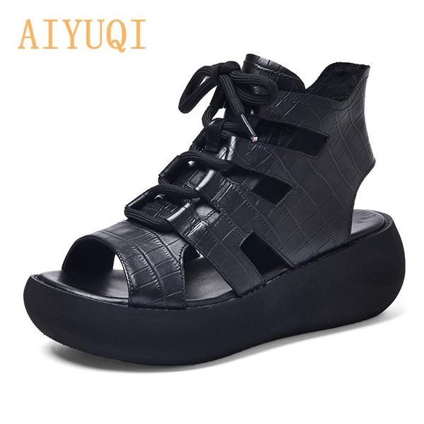 

aiyuqi sandals women platform100% natural genuine leather 2021 new style women sandals retro lace-up summer, Black