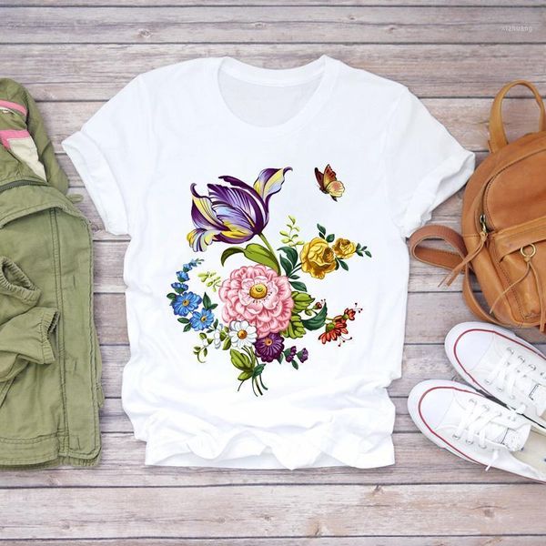 

women's t-shirt women floral 90s short sleeve butterfly elegant flower lady t-shirts womens graphic t shirt ladies female tee, White