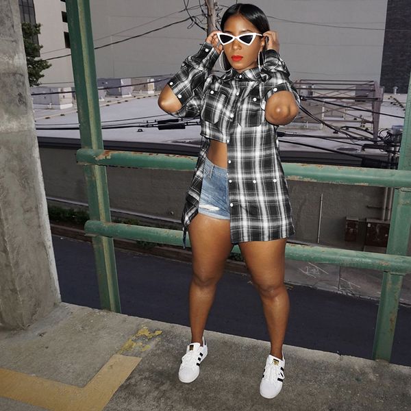 

plaid button blouses long sleeve loose fall shirt for women fashion clothing streetwear night club blouse, White