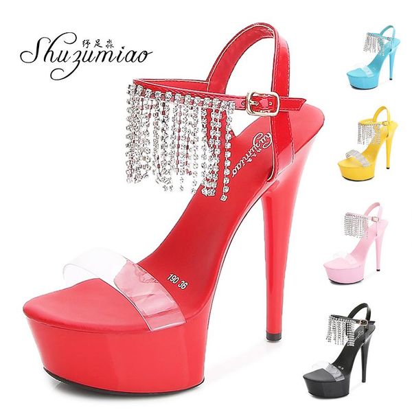

sandals shuzumiao women shoes stripper heels fashion show summer 2021 high 15cm platform female wedding pole dance, Black