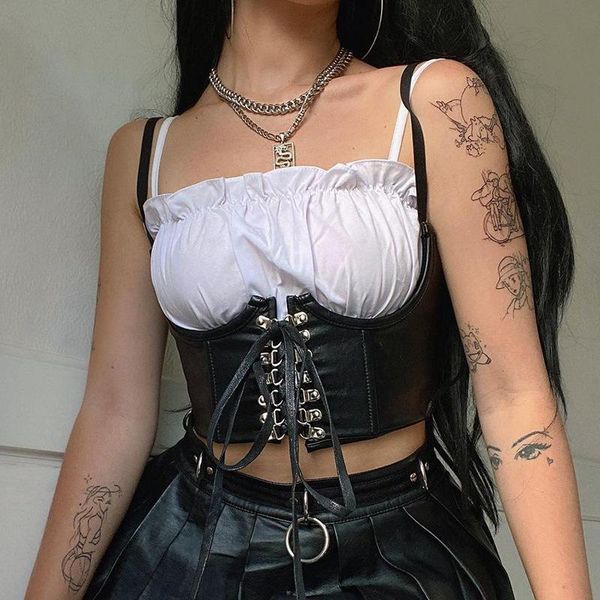 

under bust tank women crop camisole backless spaghetti strap lace up bandage bustier pu leather harajuku streetwear, White