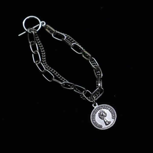 

link, chain vintage silver color coin bracelet circle personality for women men fashion multilayer punk party jewelry gift rave, Black