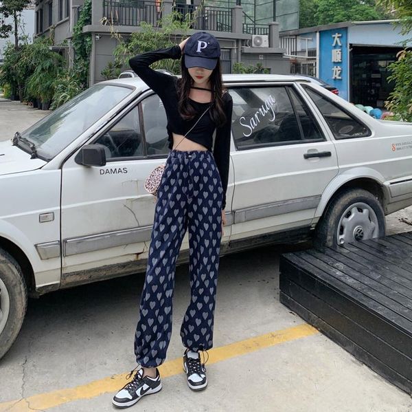 

women's pants & capris real s 2021 autumn heart printing high waist show, Black;white