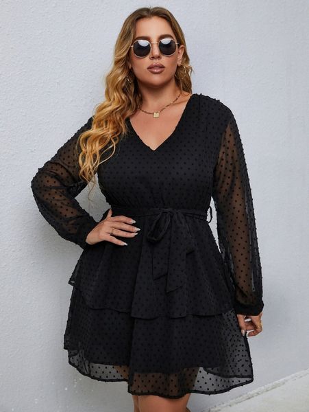 

plus swiss dot bishop sleeve layer hem belted chiffon dress q68o#, Black