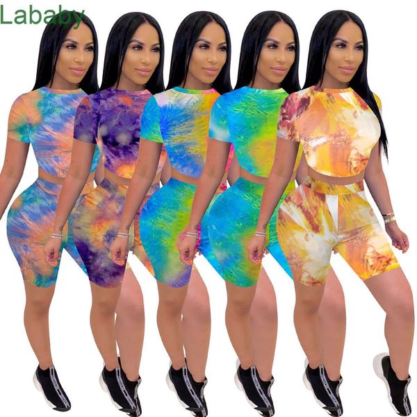 

women tracksuits two pieces set designer 2021 new fashion open back tie dye round neck short sleeve home leisure sports shorts set, Gray