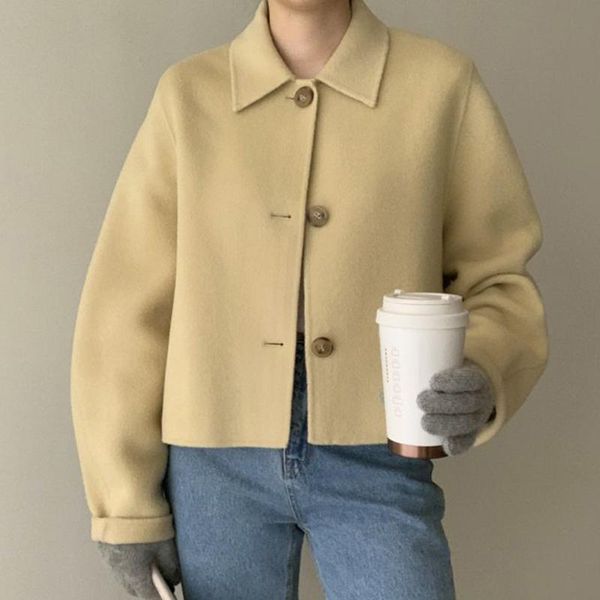 

women's wool & blends [ewq] 2021 autumn winter female turn-down collar long-sleeved single breasted minimalist solid color woolen suit, Black