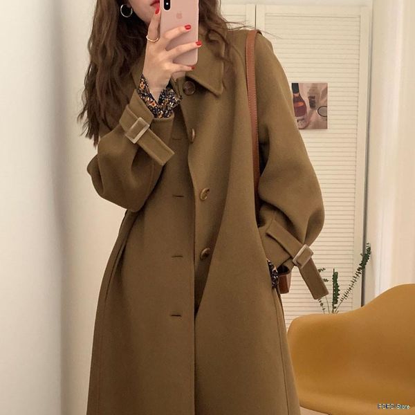 

women's wool & blends 2021 autumn and winter woolen coat mid-length style elegant stylish solid s, Black