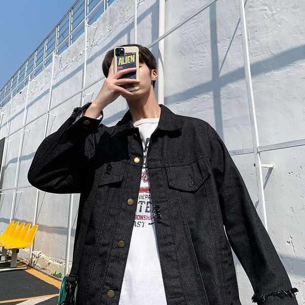 

2021 spring and autumn holed denim men's versatile loose korean fashion jacket, Black;brown