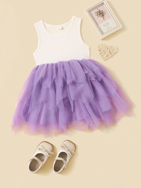 

toddler girls two tone layered hem mesh dress she, Red;yellow