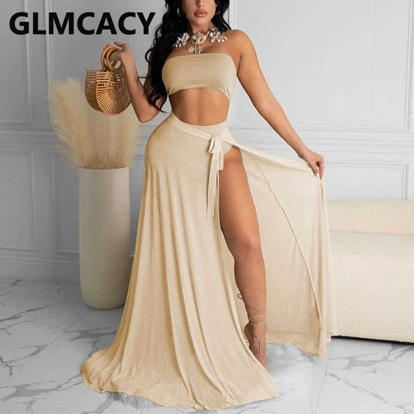 

women two piece summer dress suits solid tube & mesh slit maxi skirt set beachwear 210702, White