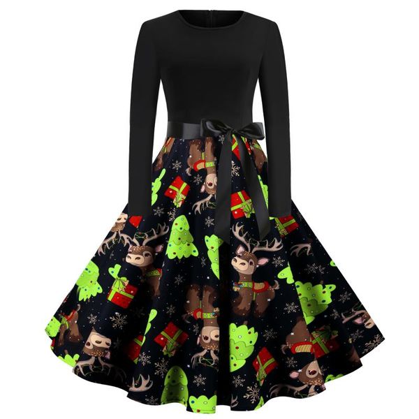 

casual dresses women christmas print vintage dress long sleeve o-neck big swing with ribbon back zipper party knee-length winter, Black;gray