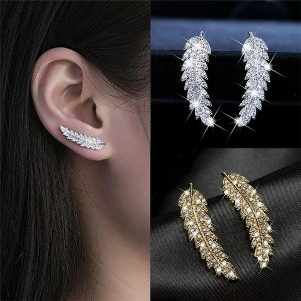 

1pair gorgeous feather ear climbers cuff earrings crystal diamonden leaves cluster wedding earrings for women, Silver