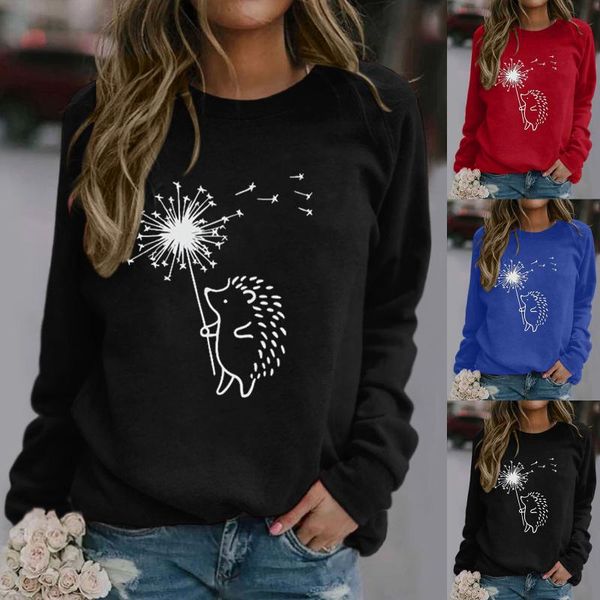 Hoodies das mulheres moletons dente-de-dandelion impresso mulheres bonitos luva longa luva o pescoço solto moletom meninas hoodie thullovers inverno