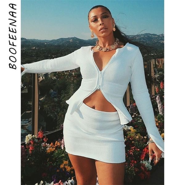 

boofeenaa ribbed bodycon two piece set women zip up crop skirt matching sets party club outfits for ladies c76-ea35 210204, White