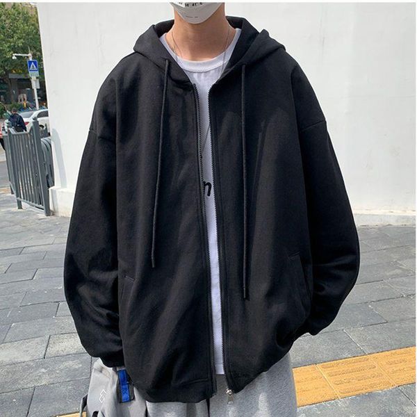 

men's hoodies & sweatshirts 2021 autumn winter hoodie ip hop streetwear loose style solid color coat hooded pullover couple clothes, Black