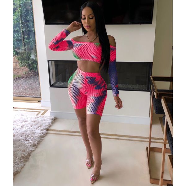 

tie dye print two piece set women romper beach clothing matching sets off shoulder crop shorts d39-ab09, White