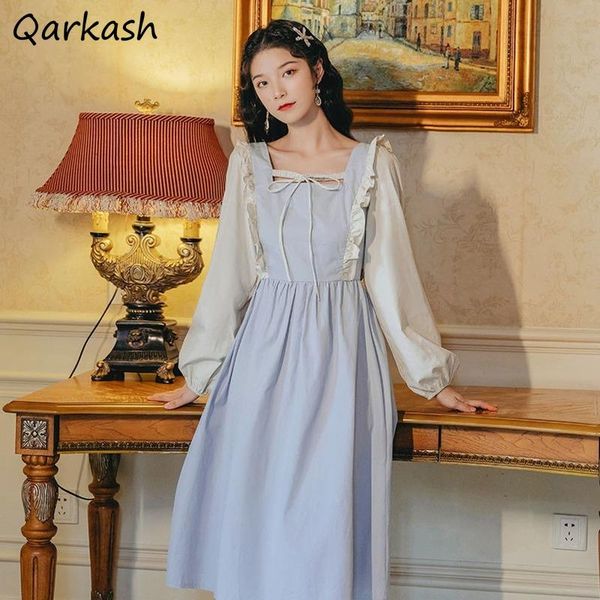 

casual dresses long sleeve dress women blue patchwork all-match fashion edible tree design midi spring vintage elegant retro temperam, Black;gray