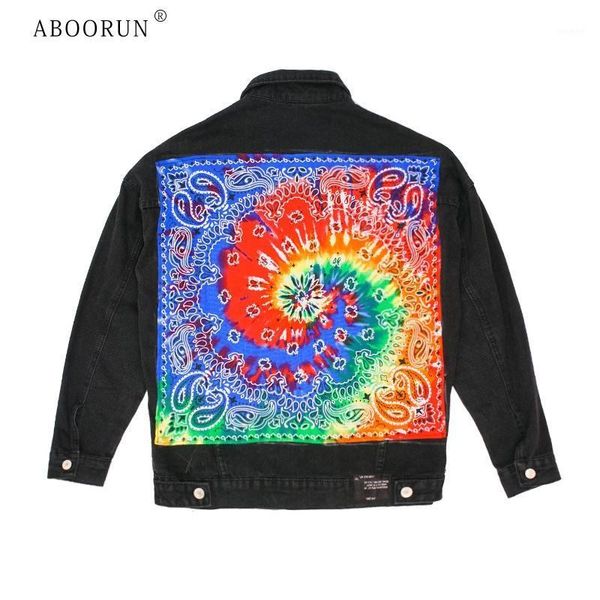 

men's jackets aboorun hip hop gradient cashew flower printed denim embroidery patchwork jacket streetwear oversize coat, Black;brown