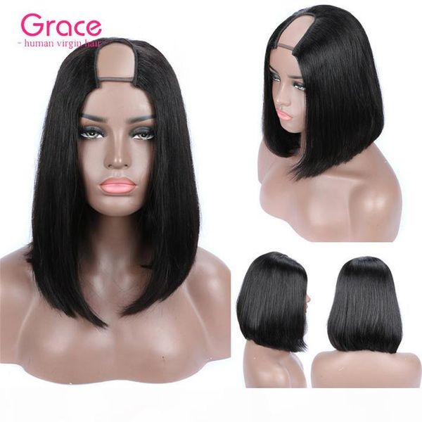

short bob wig human hair u part straight brazilian remy glueless wigs full 150% density pixie cut natural black lace wig for black women, Black;brown