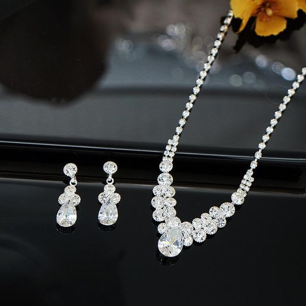 

earrings & necklace cute female crystal water drop jewelry set charm silver color dangle for women boho white zircon wedding chain