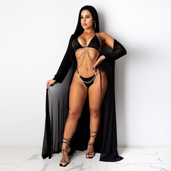 

new beach exit 2021 bathing suit cover up women chiffon underwear cloak three piece letter cotton summer swimsuit for swimwear wr08, Black;gray
