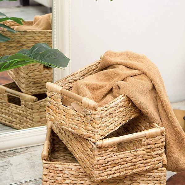 

storage baskets -wicker for organizing bathroom, hyacinth with wooden handle