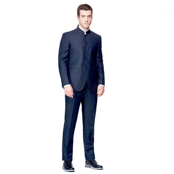 

men's suits & blazers navy blue groomsmen stand mandarin collar lapel men suit 2pieces(jacket+pants+tie) groom tuxedo wedding man bride, White;black