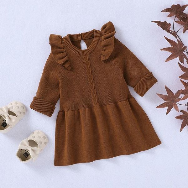 

girl's dresses 2021 fall/winter girls' clothing ruffled round neck knitted sweater dress baby girl flying sleeve princess, Red;yellow