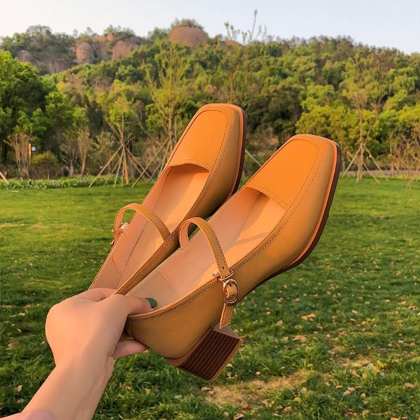 

dress shoes square head high heels retro thick mary jane female british style buckle wild japanese small leather, Black