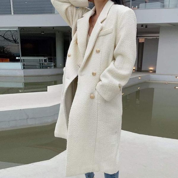 

women's wool & blends korea women autumn winter double breasted long slim tweed coat ladies sleeve overcoat parka jacket white black ou