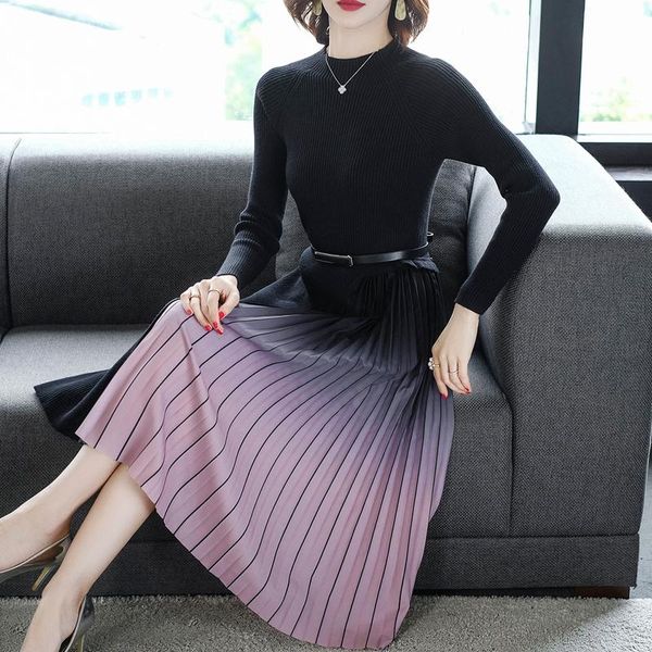 

casual dresses korean sweater dress fashion women knitted elegant high waist pleated sweaters winter vintage, Black;gray