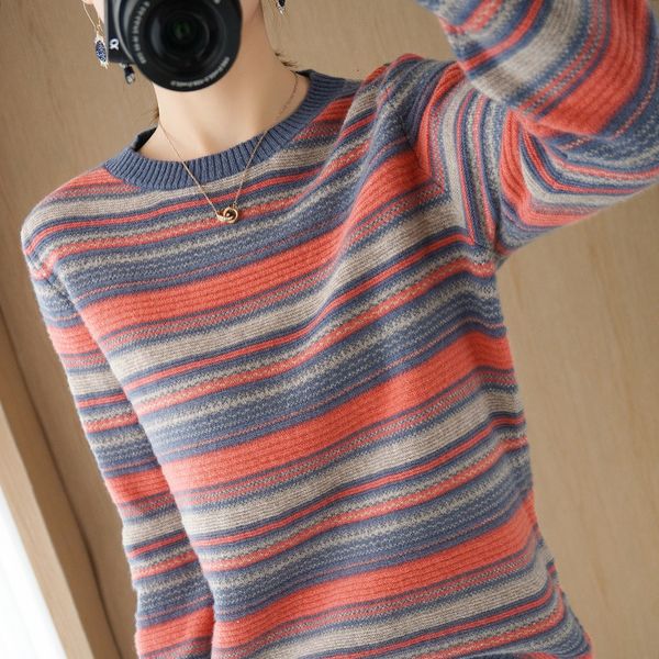

female sweater 2021 autumn and winter new striped color of pure wool around the loose neck ymiz, White;black
