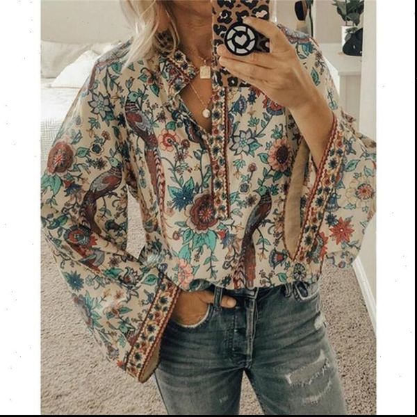 

ladies hippie tunic blouse shirt autumn casual elegant women boho lantern long sleeve loose v neck floral shirts, White