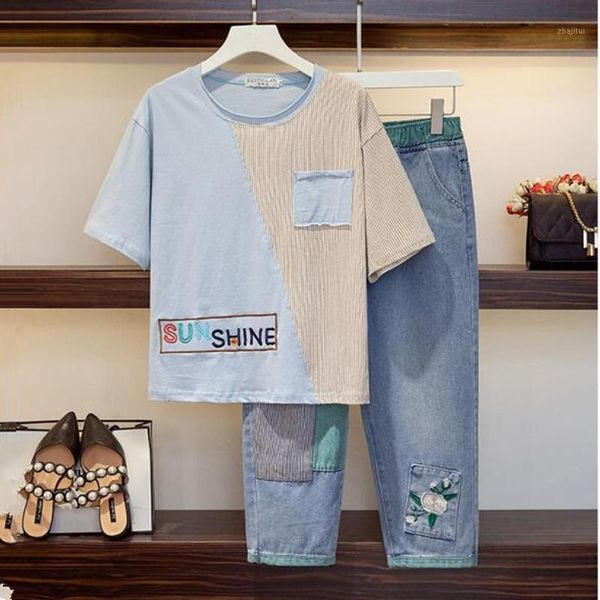 

plus size tracksuits vetement femme 2021 summer fashion striped t-shirt letter flower embroidered jeans two piece sets women's clothing, Black