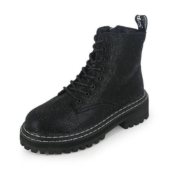 

boots 2021 est winter women pumps dress platform fashion rhinestone lace up round toe mid heels snow botas shoes, Black