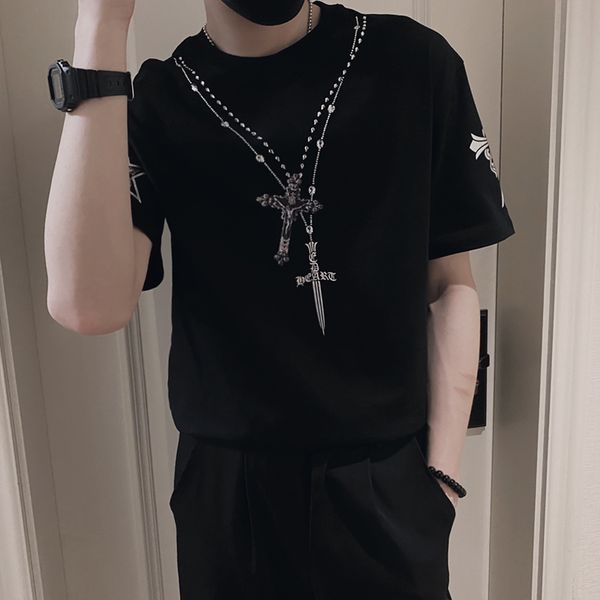

trendy brand new cotton reflective cross drilling casual loose men's and women's round neck croxin sho, White;black