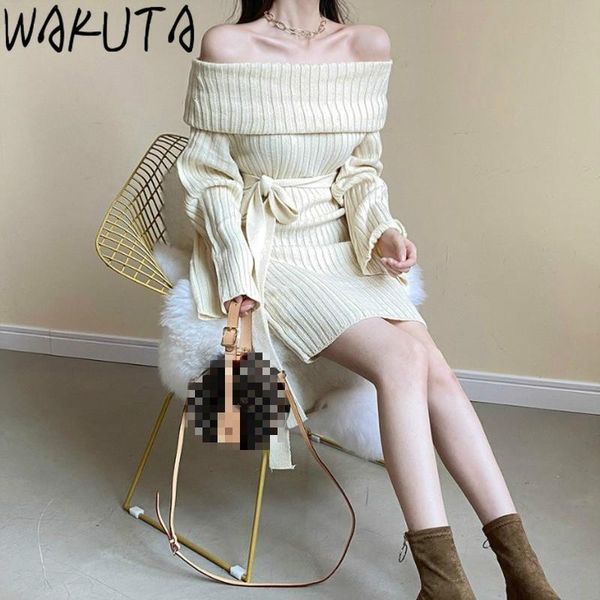 

wakuta off shoulder knit dresses women korean 2021 fashion simple solid temperament elegant slash neck sashes sweater dresses, Black;gray