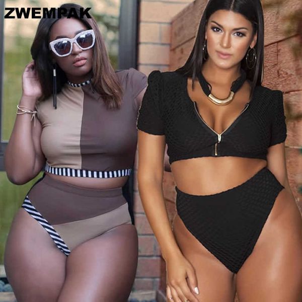 

swimwear 2021 short sleeve women large swimsuit plus size xl-4xl high neck zip bathing suit female bikinis set big waisted, White;black