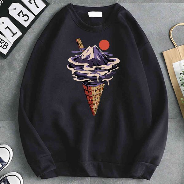 

fuji - men's hoodie, sweater with ice cream print and taste, punk style, kpop, loose, pocket, fashion, autumn novelty, Black