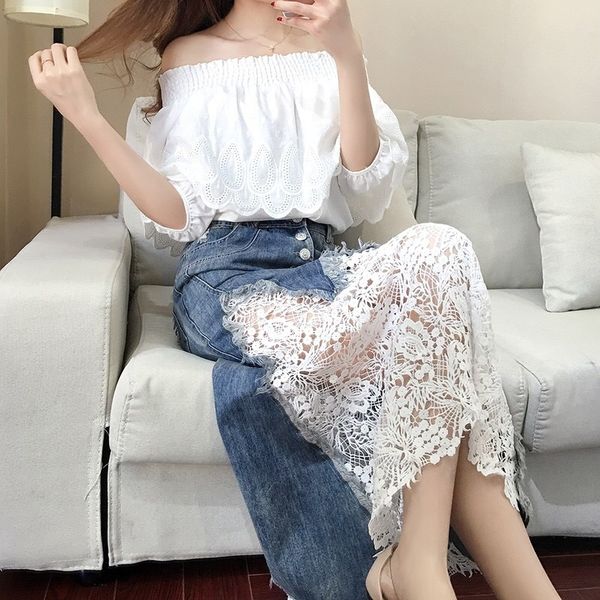 

2021 Women Simple White T-shirt + Blue Lace Denim Skirt Two-piece Womens Jeans Dress Set evening, Picture color