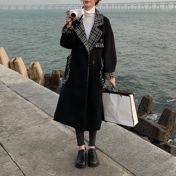 

women's wool & blends woolen coat women long fashion stitching 2021 tassel female elegent plaid lapel black outwear autumn winter casua
