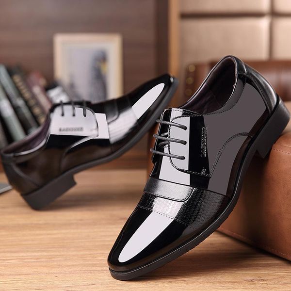 

dress shoes men's leather lace up business pointed han version first layer, Black