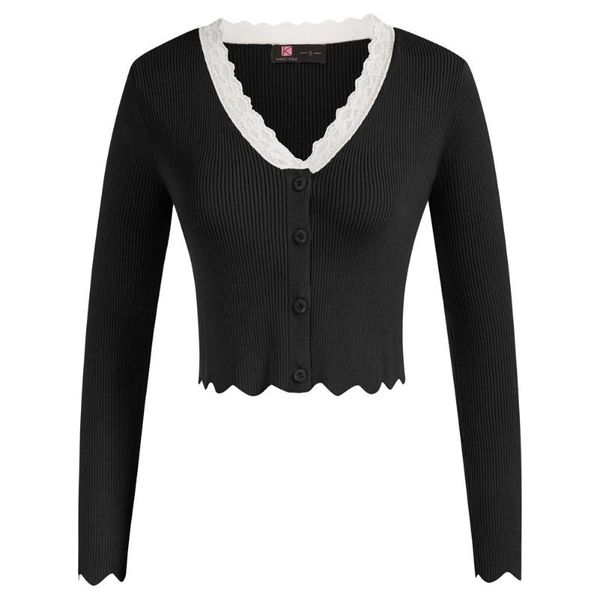 

women's t-shirt women cropped cardigan sweater long sleeve v-neck waved trim knitwear openings button placket hemline, White